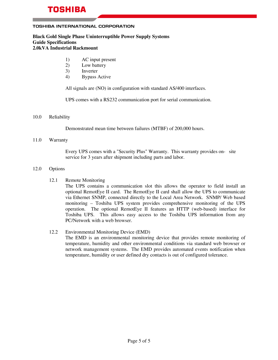 Toshiba 2.0kVA specifications 