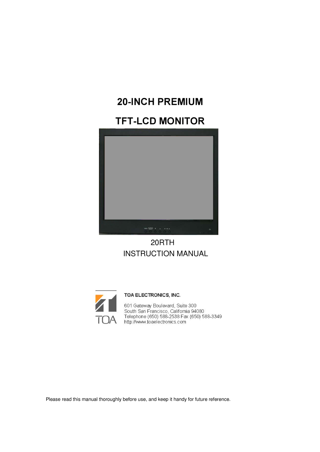 Toshiba 20RTH instruction manual Inch Premium TFT-LCD Monitor 