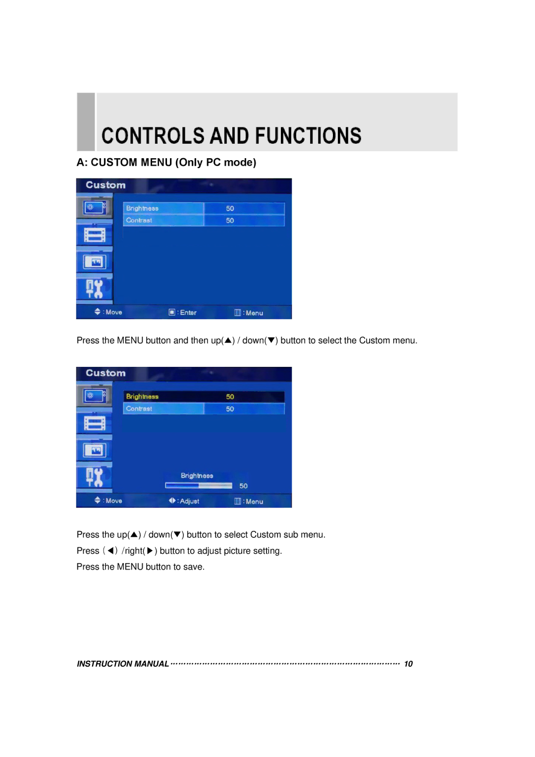 Toshiba 20RTH instruction manual Custom Menu Only PC mode 