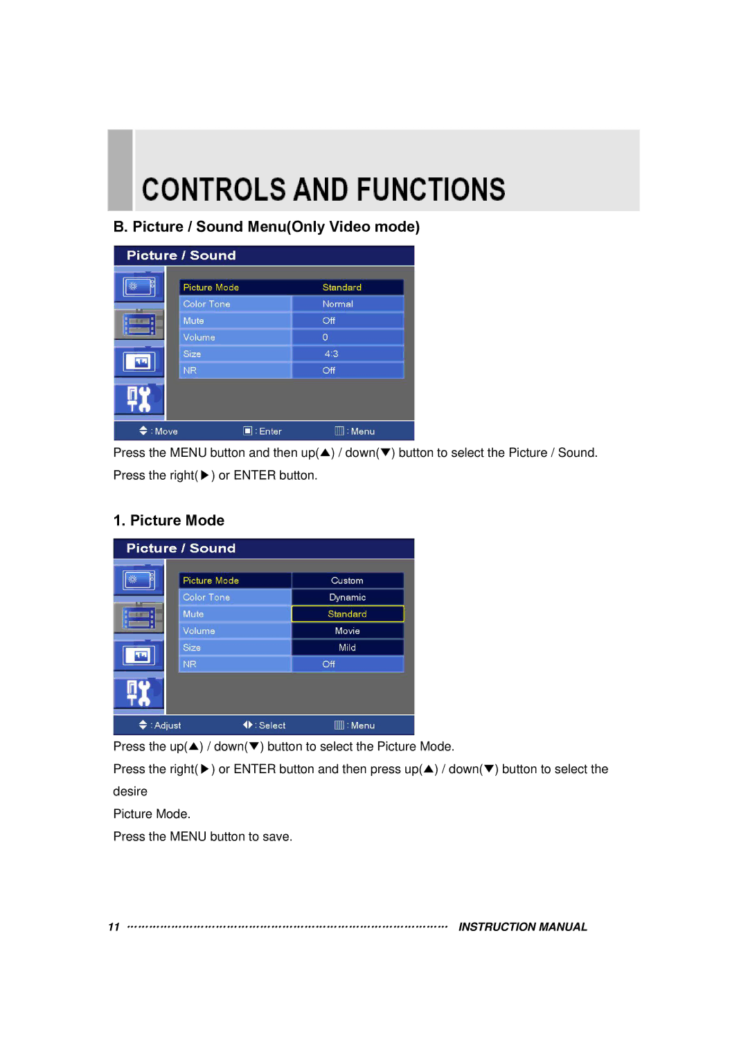 Toshiba 20RTH instruction manual Picture / Sound MenuOnly Video mode, Picture Mode 