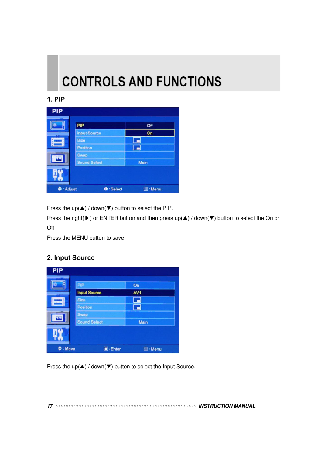 Toshiba 20RTH instruction manual Pip, Input Source 