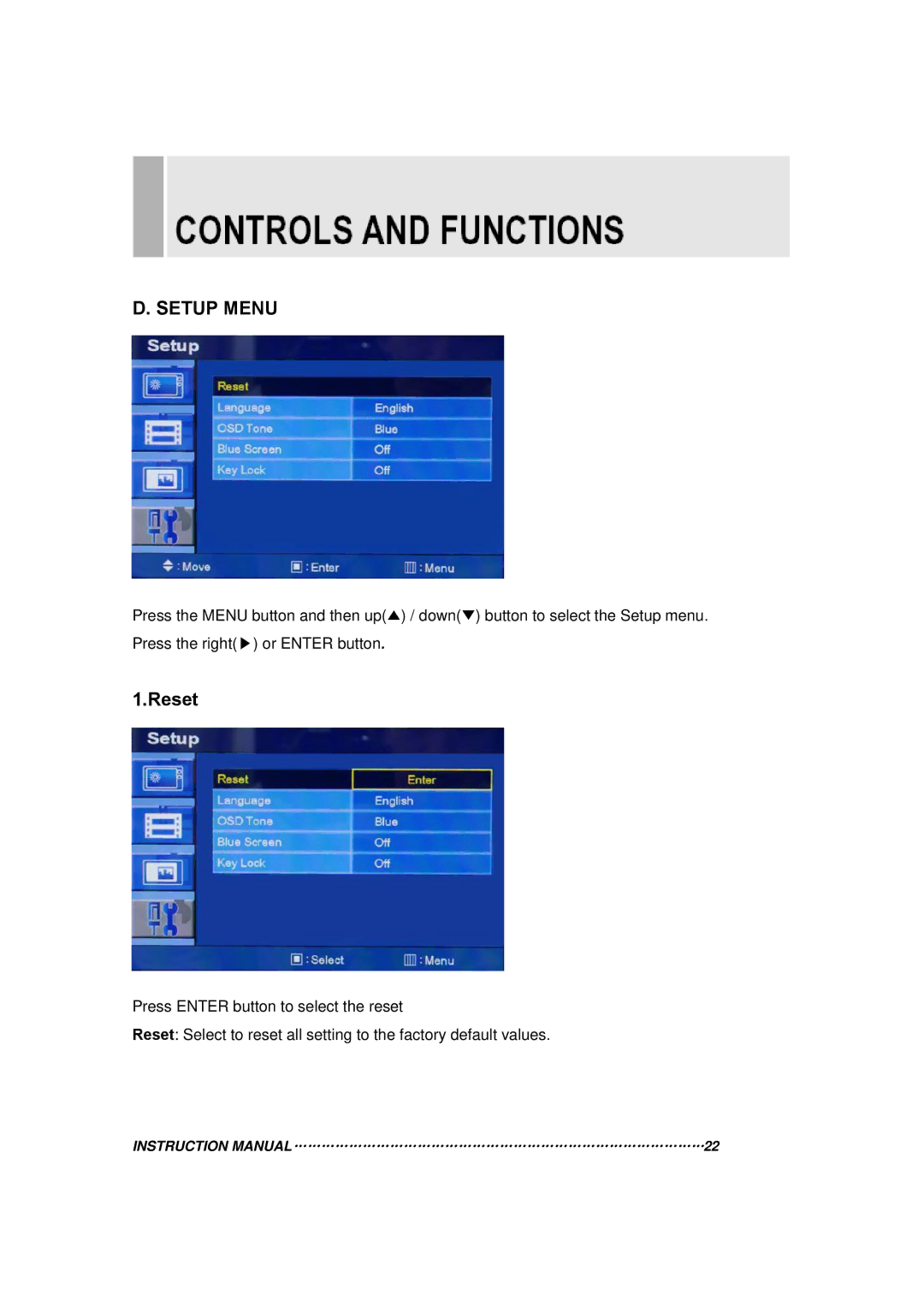 Toshiba 20RTH instruction manual Setup Menu, Reset 