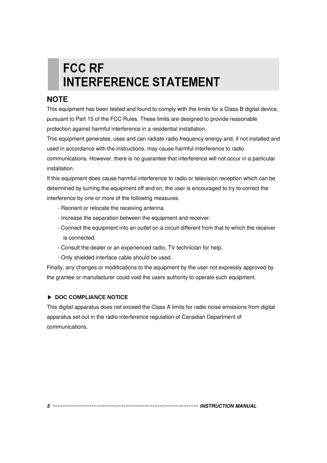 Toshiba 20RTH instruction manual DOC Compliance Notice 