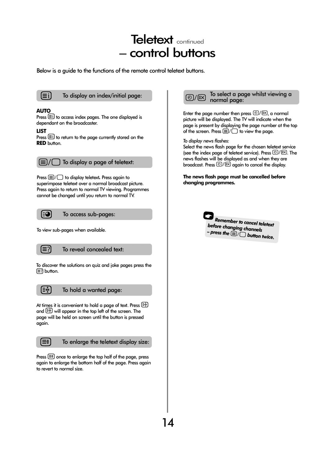 Toshiba 20VL43 owner manual Teletext Control buttons, 7To display a page of teletext 