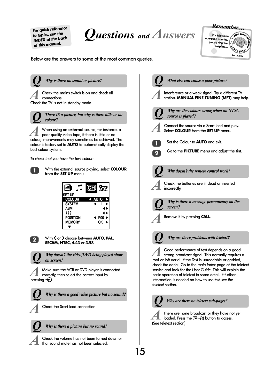 Toshiba 20VL43 owner manual Questions and a nswers, Colour 