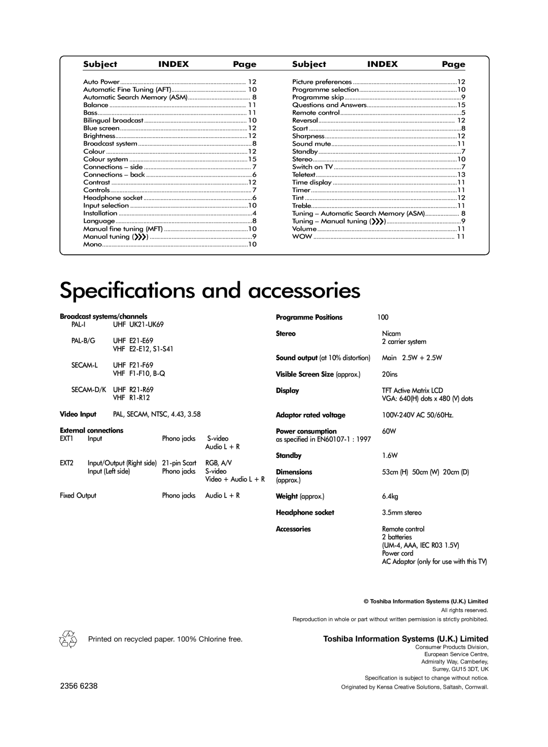 Toshiba 20VL43 owner manual Specifications and accessories, Index 