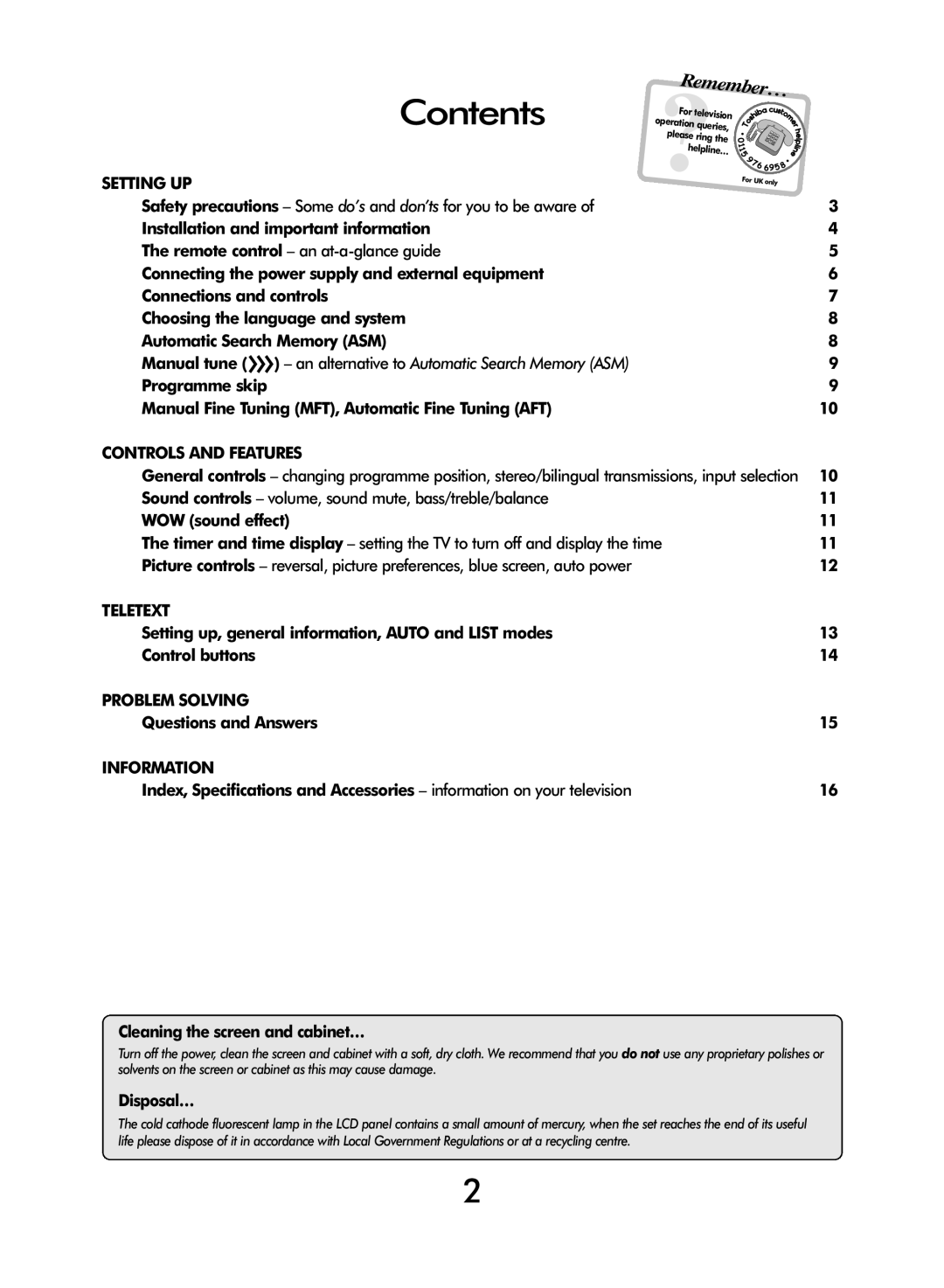 Toshiba 20VL43 owner manual Contents 