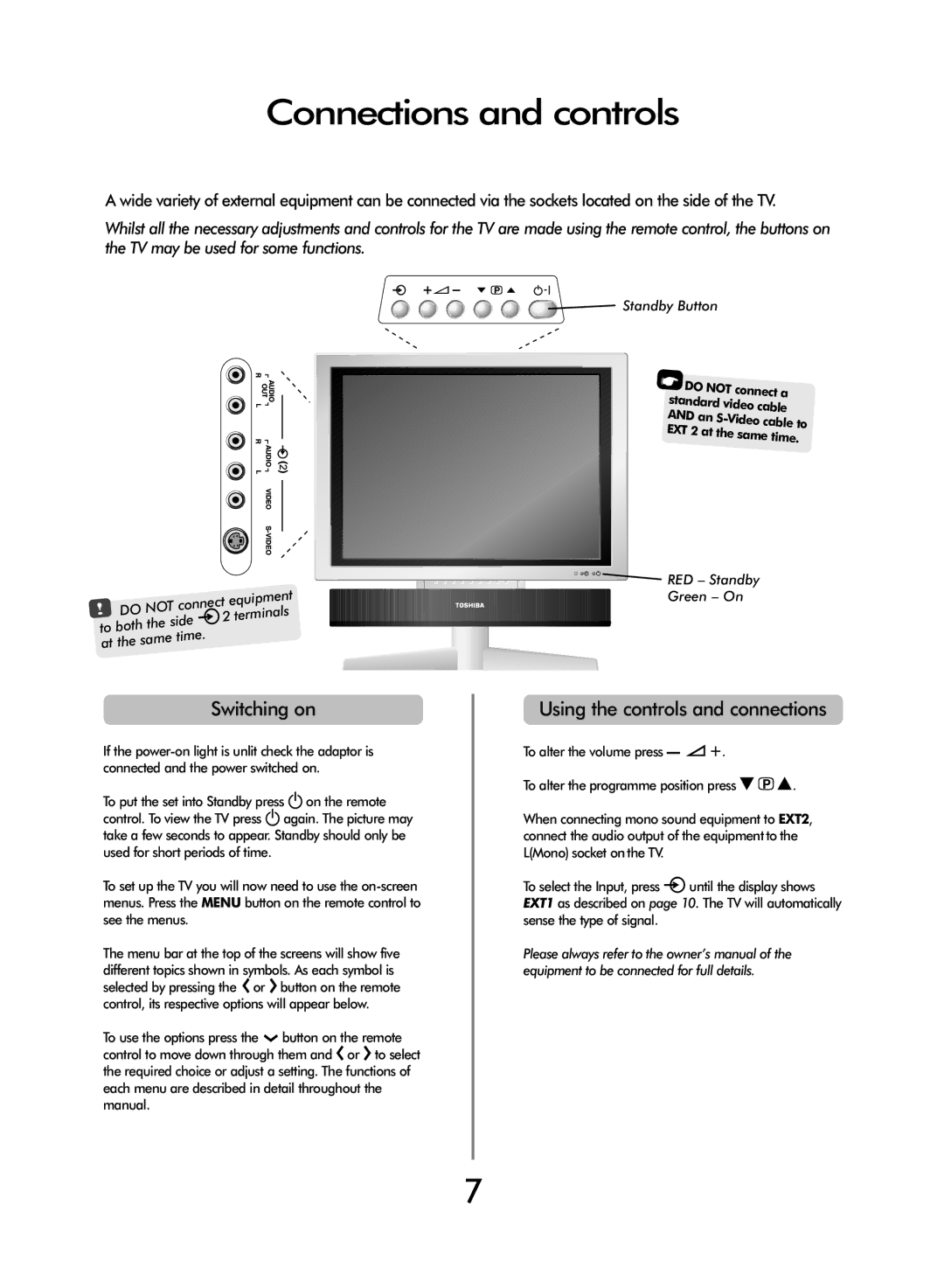 Toshiba 20VL43 owner manual Connections and controls, Switching on, Using the controls and connections 