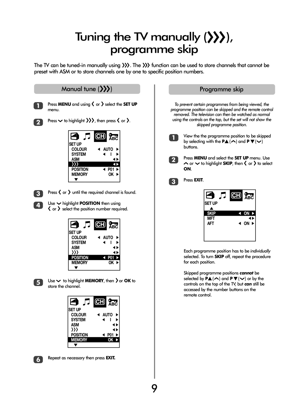 Toshiba 20VL43 owner manual Tuning the TV manually RRR Programme skip, Manual tune RRR 