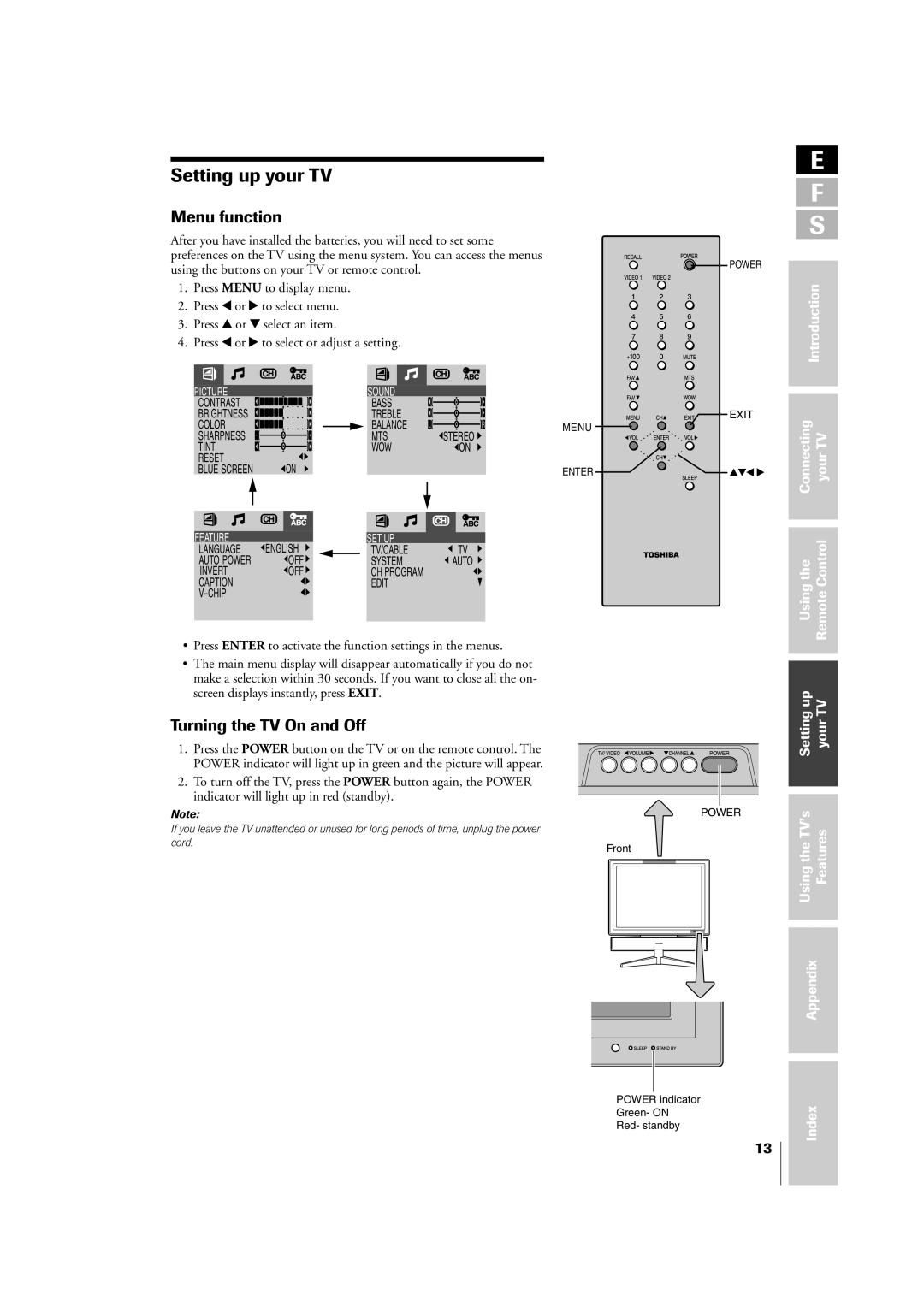 Toshiba 14VL43U, 20VL43U owner manual Setting up your TV, Menu function, Turning the TV On and Off 