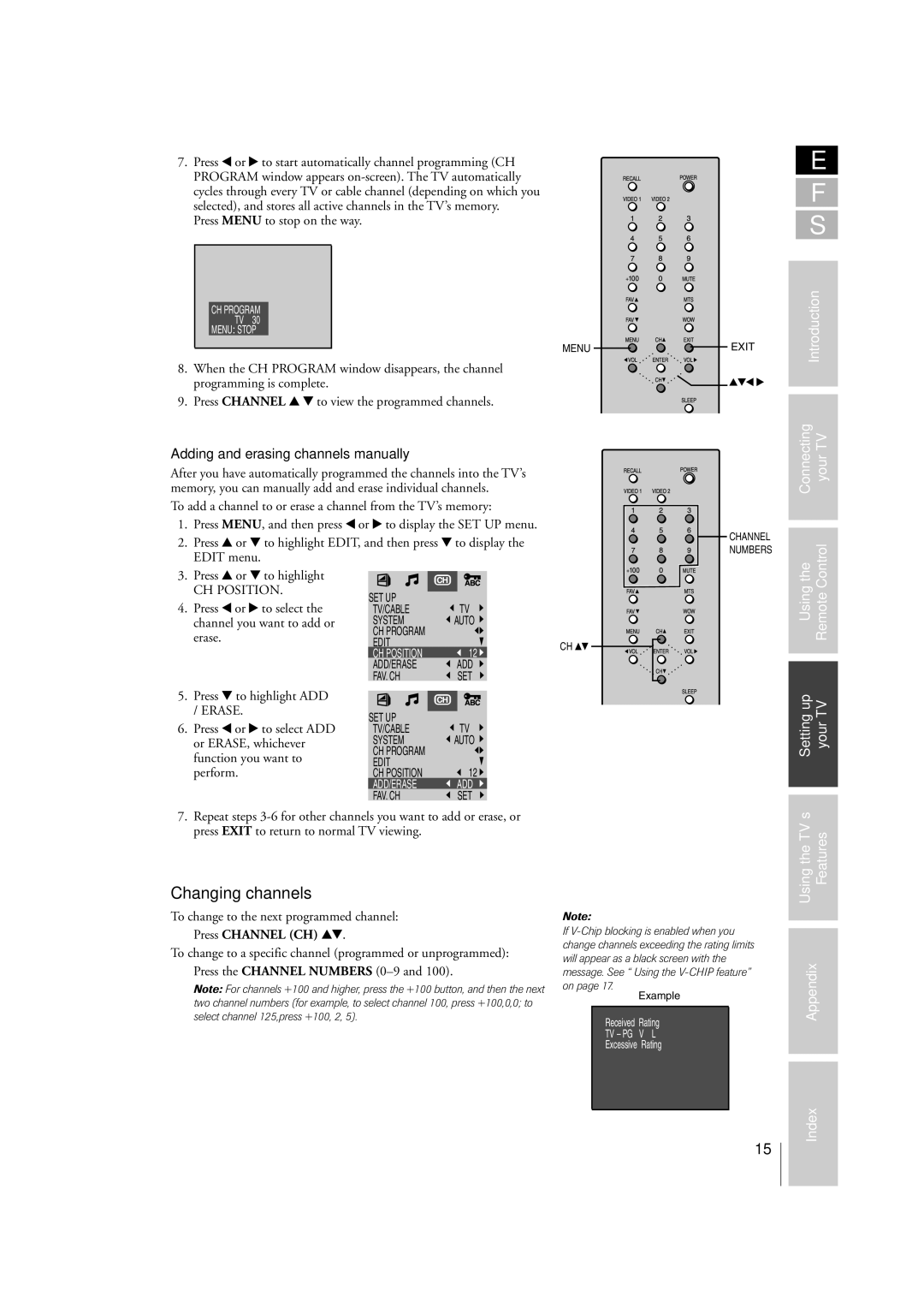 Toshiba 14VL43U, 20VL43U owner manual Changing channels, Connecting yourTV, Control, Usingthe Remote, Settingup yourTV 