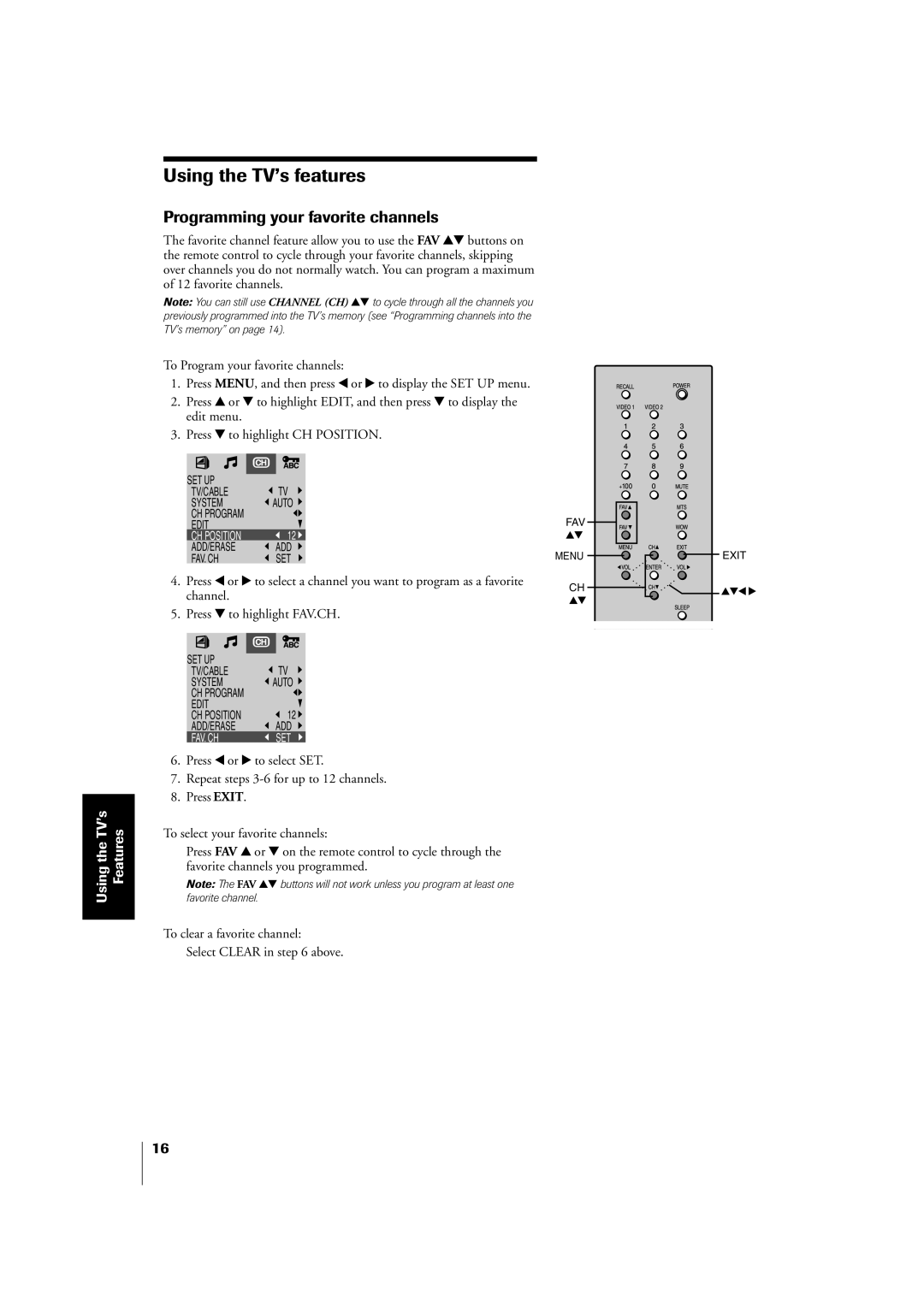 Toshiba 20VL43U, 14VL43U owner manual Using the TVÕs features, Programming your favorite channels 