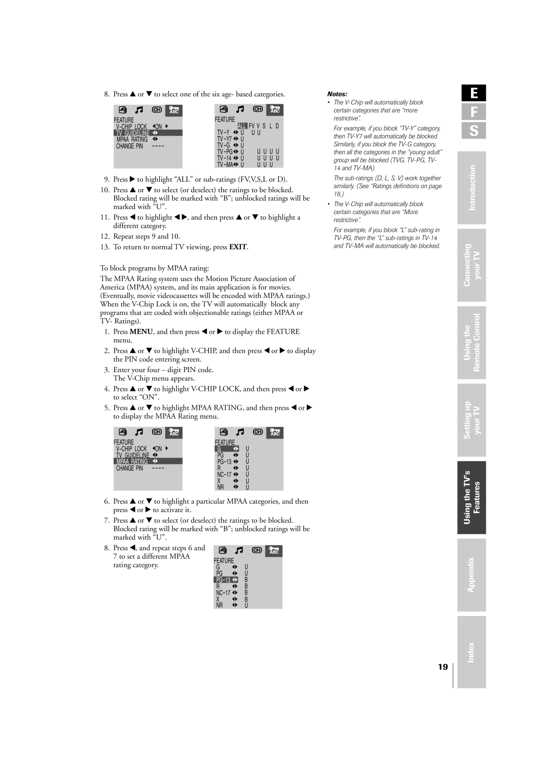 Toshiba 14VL43U, 20VL43U owner manual Press y or z to select one of the six age- based categories 