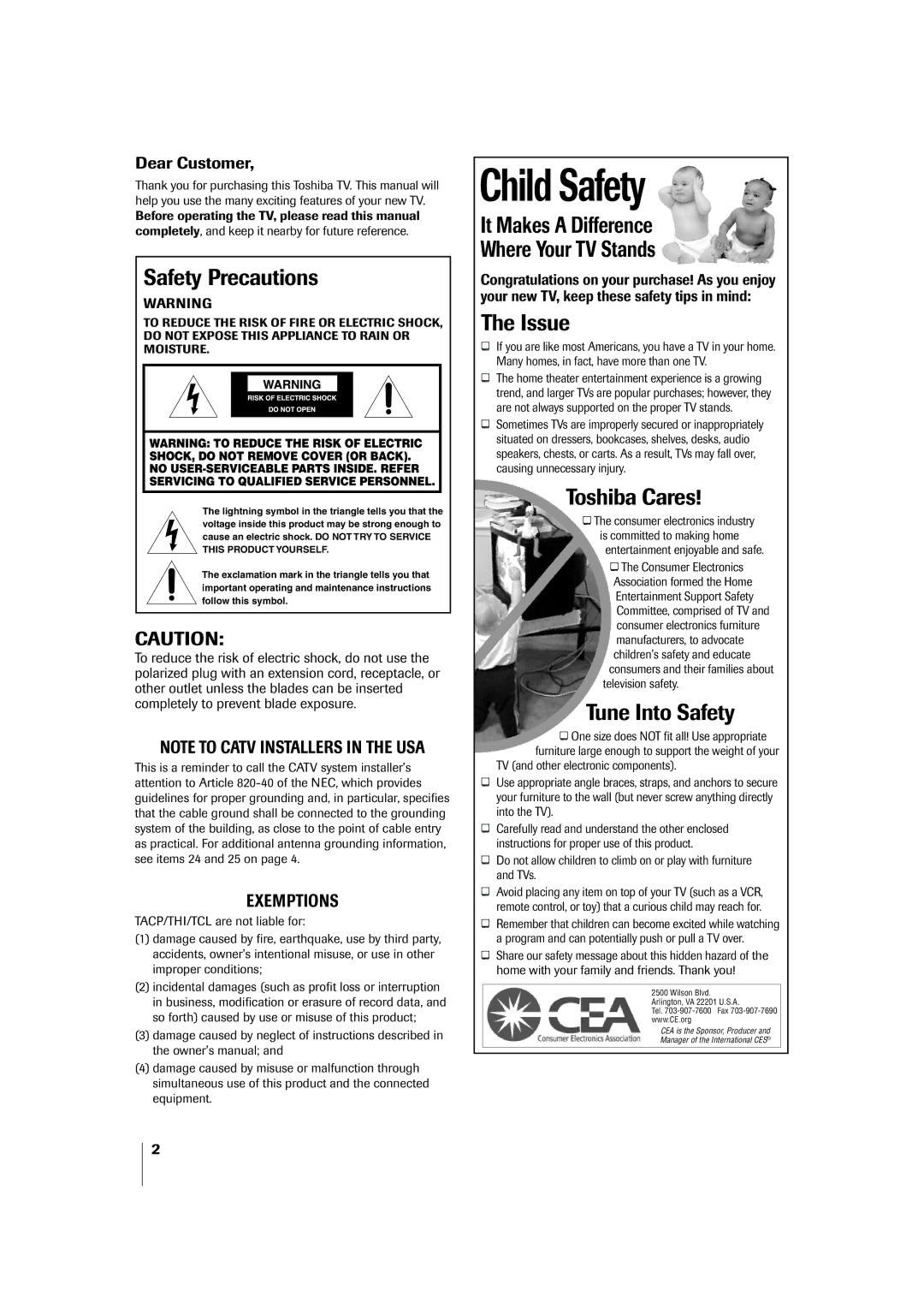 Toshiba 20VL43U, 14VL43U owner manual Safety Precautions, Dear Customer 