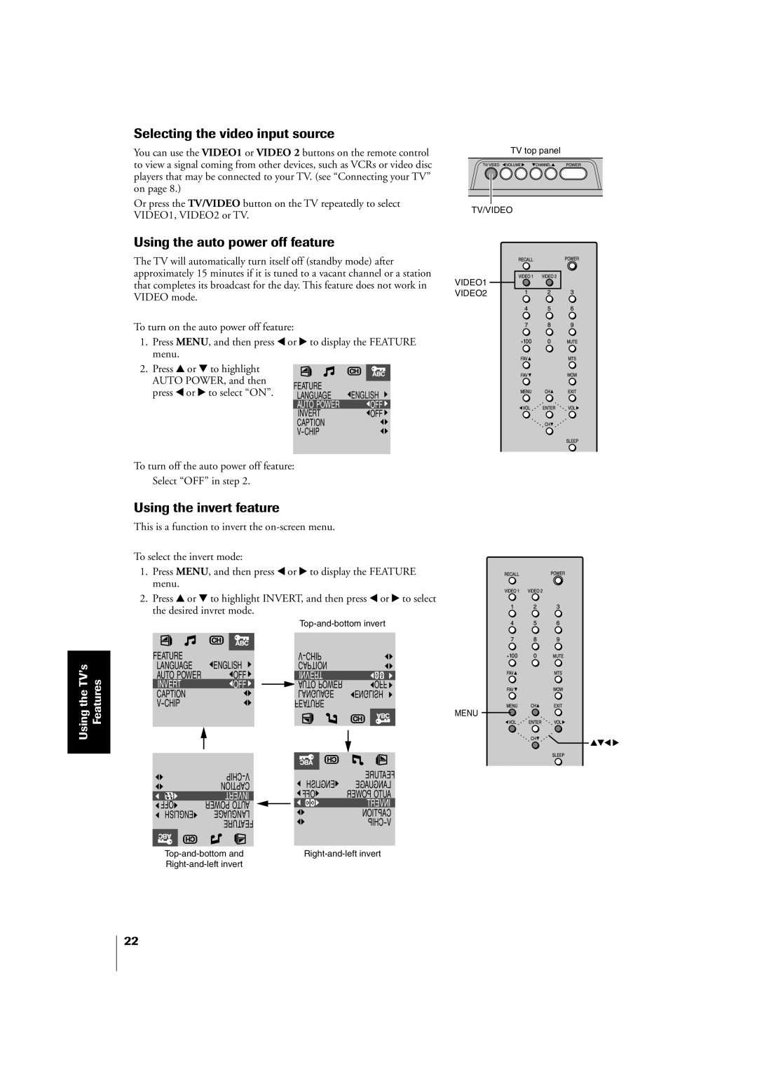 Toshiba 20VL43U, 14VL43U Selecting the video input source, Using the auto power off feature, Using the invert feature 