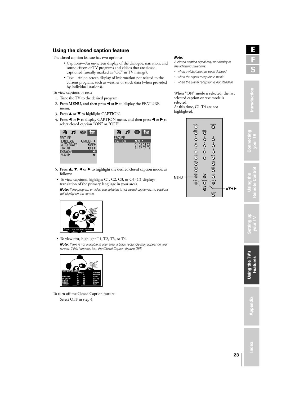 Toshiba 14VL43U, 20VL43U owner manual Using the closed caption feature, Introduction Connecting yourTV 