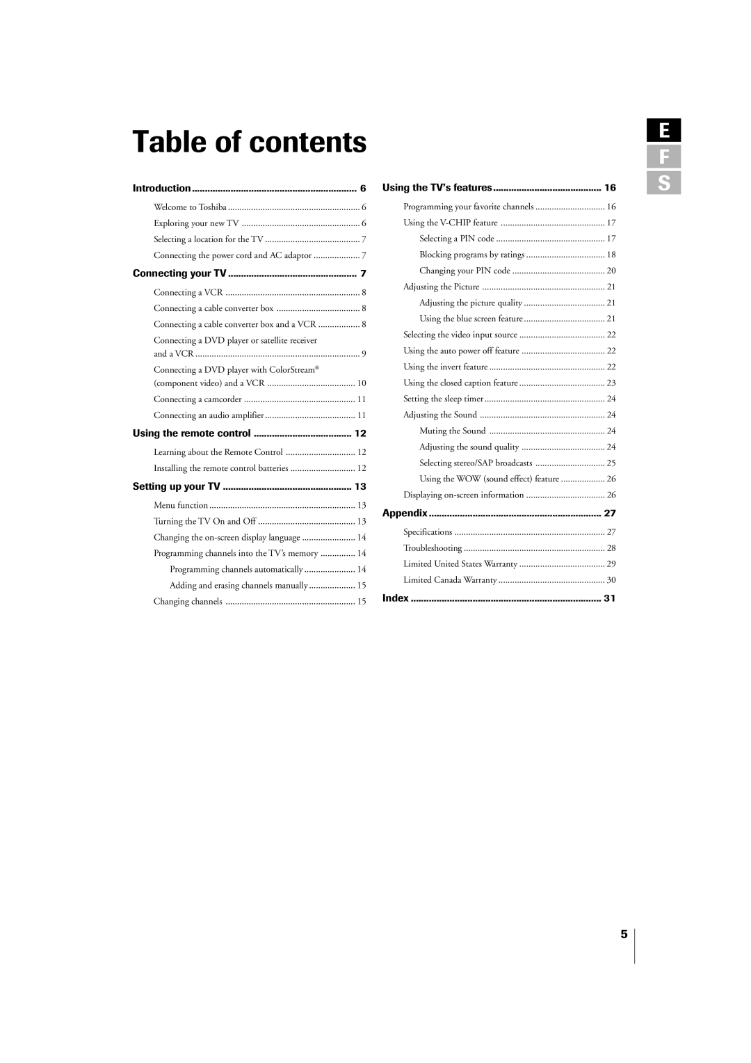 Toshiba 14VL43U, 20VL43U owner manual Table of contents 