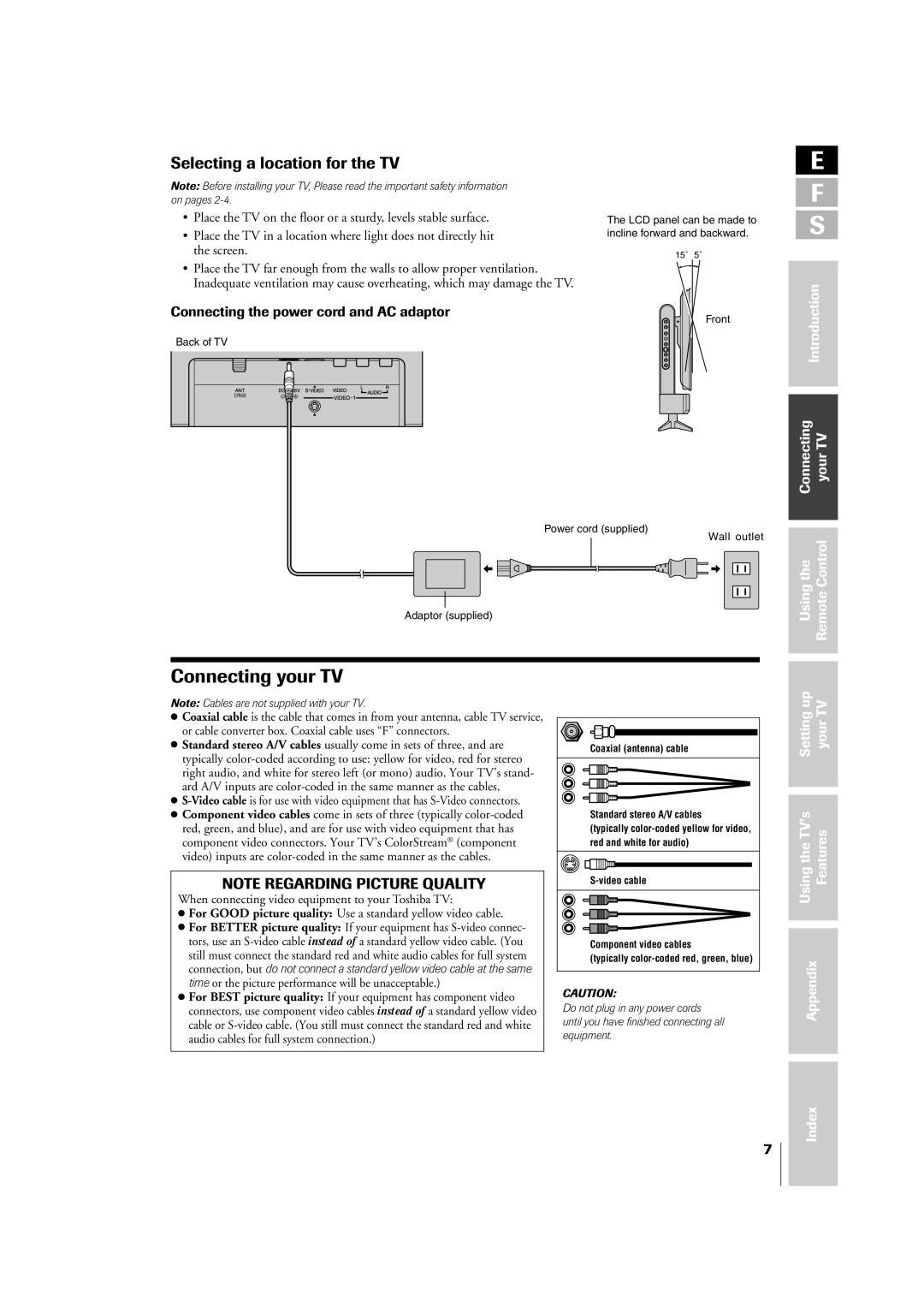 Toshiba 14VL43U, 20VL43U Connecting your TV, Selecting a location for the TV, Connecting the power cord and AC adaptor 