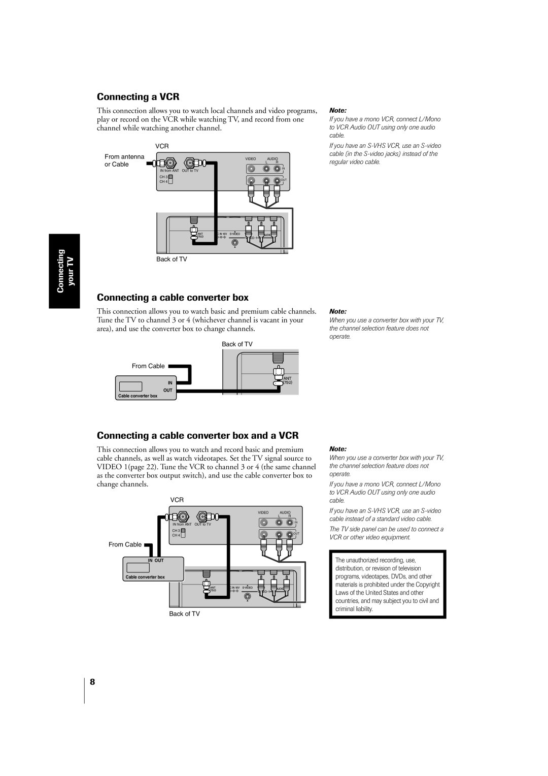 Toshiba 20VL43U, 14VL43U owner manual Connecting a VCR, Connecting a cable converter box and a VCR, Connecting your TV 