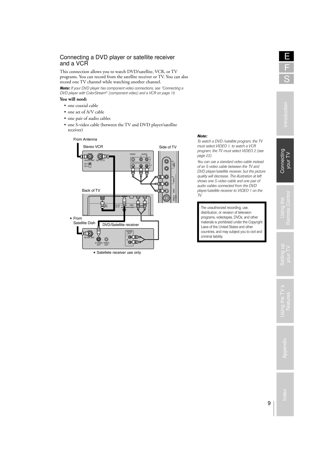 Toshiba 14VL43U, 20VL43U owner manual Connecting a DVD player or satellite receiver and a VCR, You will need 