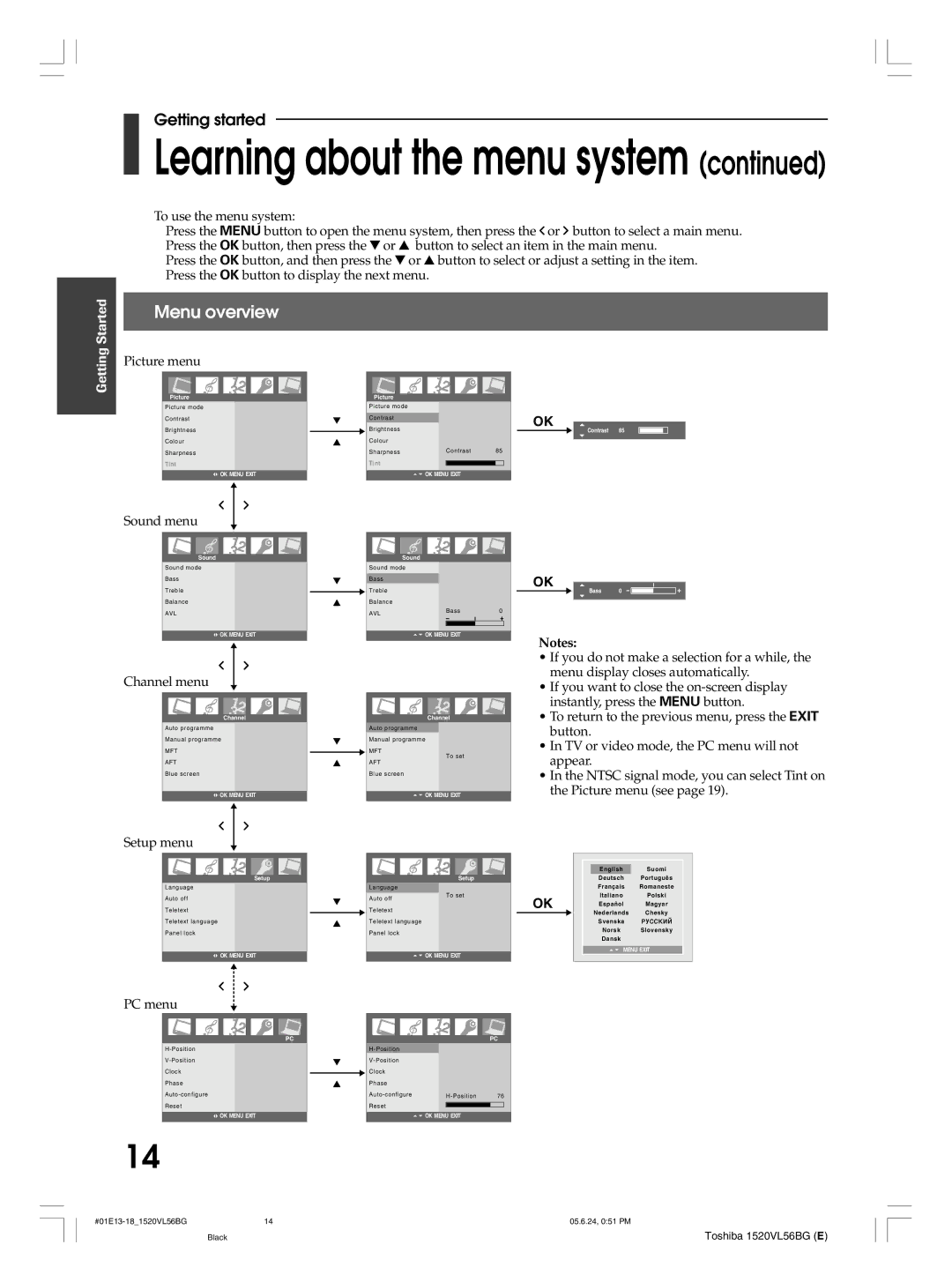 Toshiba 15VL56B, 20VL56B, 20VL56G, 15VL56G owner manual Learning about the menu system, Menu overview 