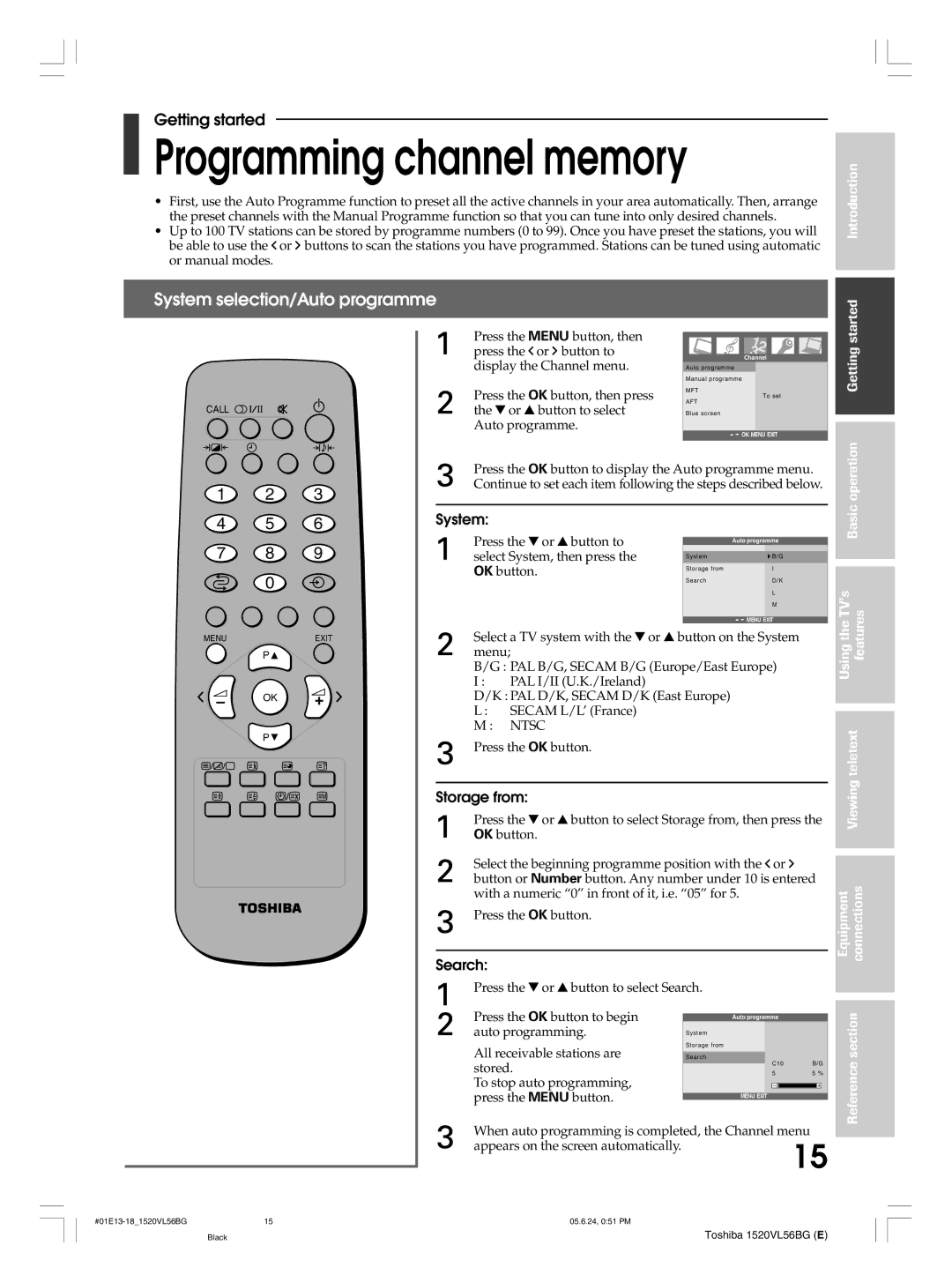 Toshiba 20VL56B, 20VL56G, 15VL56G Programming channel memory, System selection/Auto programme, Storage from, Search 