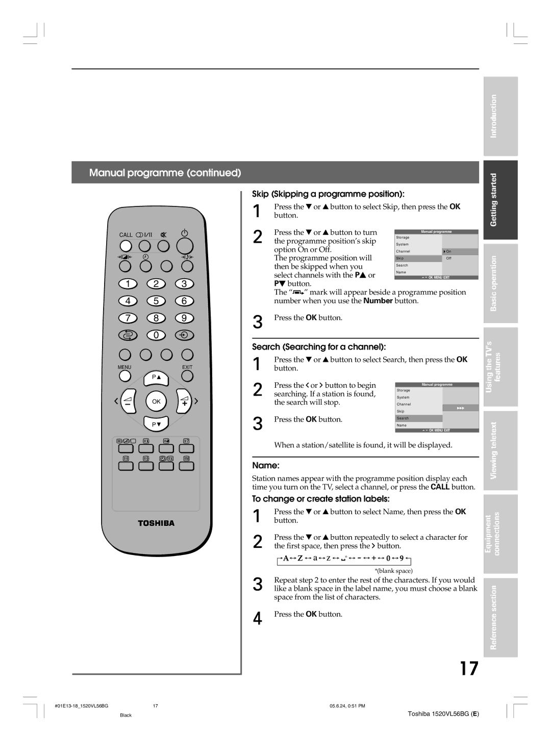 Toshiba 20VL56B, 20VL56G, 15VL56G, 15VL56B Skip Skipping a programme position, Search Searching for a channel, Name 