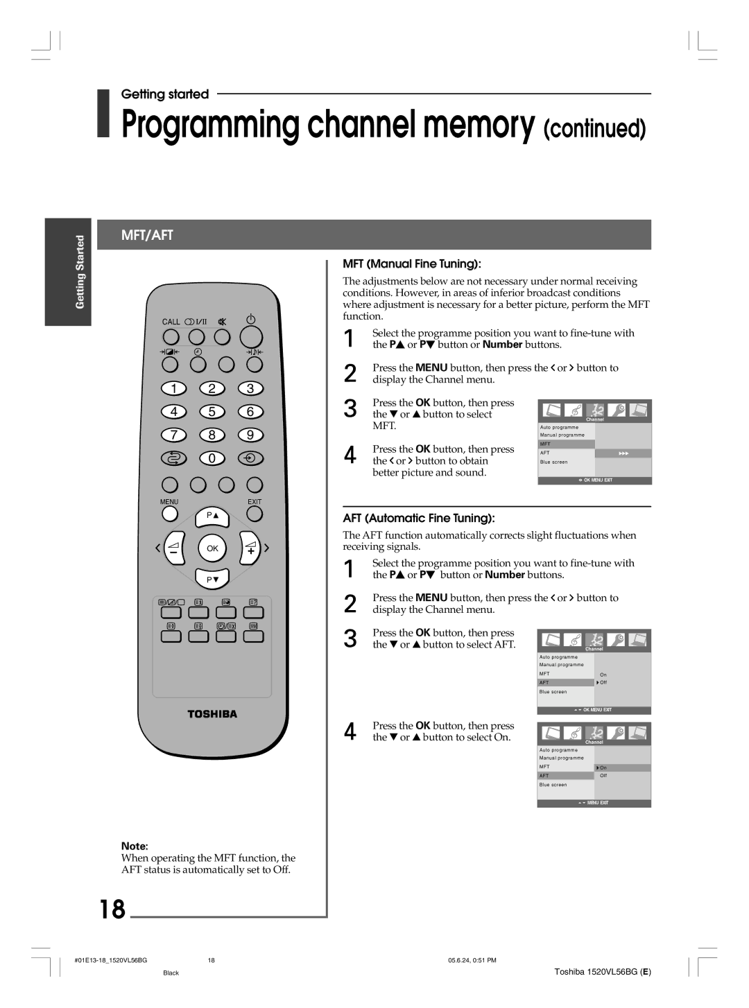 Toshiba 15VL56G, 20VL56B, 20VL56G, 15VL56B owner manual MFT Manual Fine Tuning, AFT Automatic Fine Tuning 