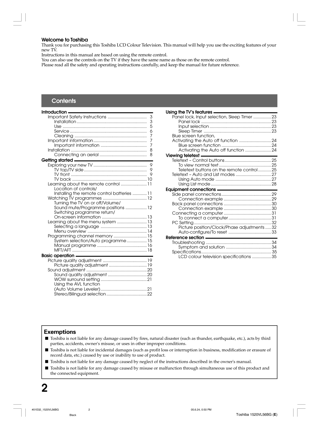 Toshiba 20VL56B, 20VL56G, 15VL56G, 15VL56B owner manual Contents, Exemptions 