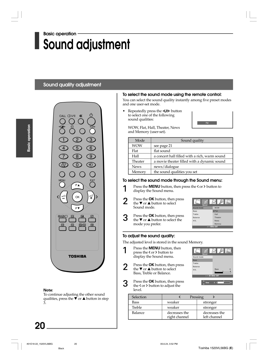 Toshiba 20VL56B, 20VL56G Sound adjustment, Sound quality adjustment, To select the sound mode using the remote control 