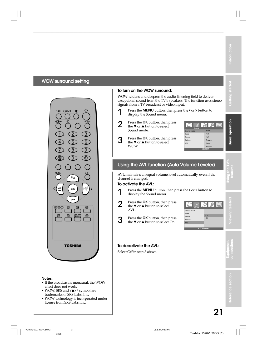 Toshiba 20VL56G, 20VL56B WOW surround setting, Using the AVL function Auto Volume Leveler, To turn on the WOW surround 