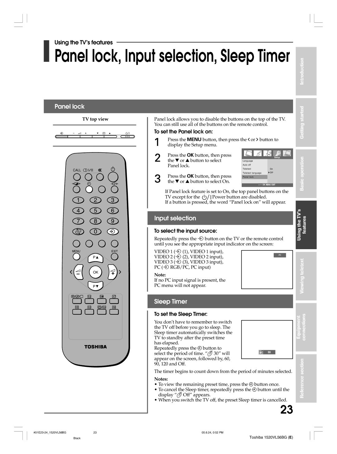 Toshiba 15VL56G, 20VL56B, 20VL56G, 15VL56B owner manual Panel lock, Input selection, Sleep Timer 