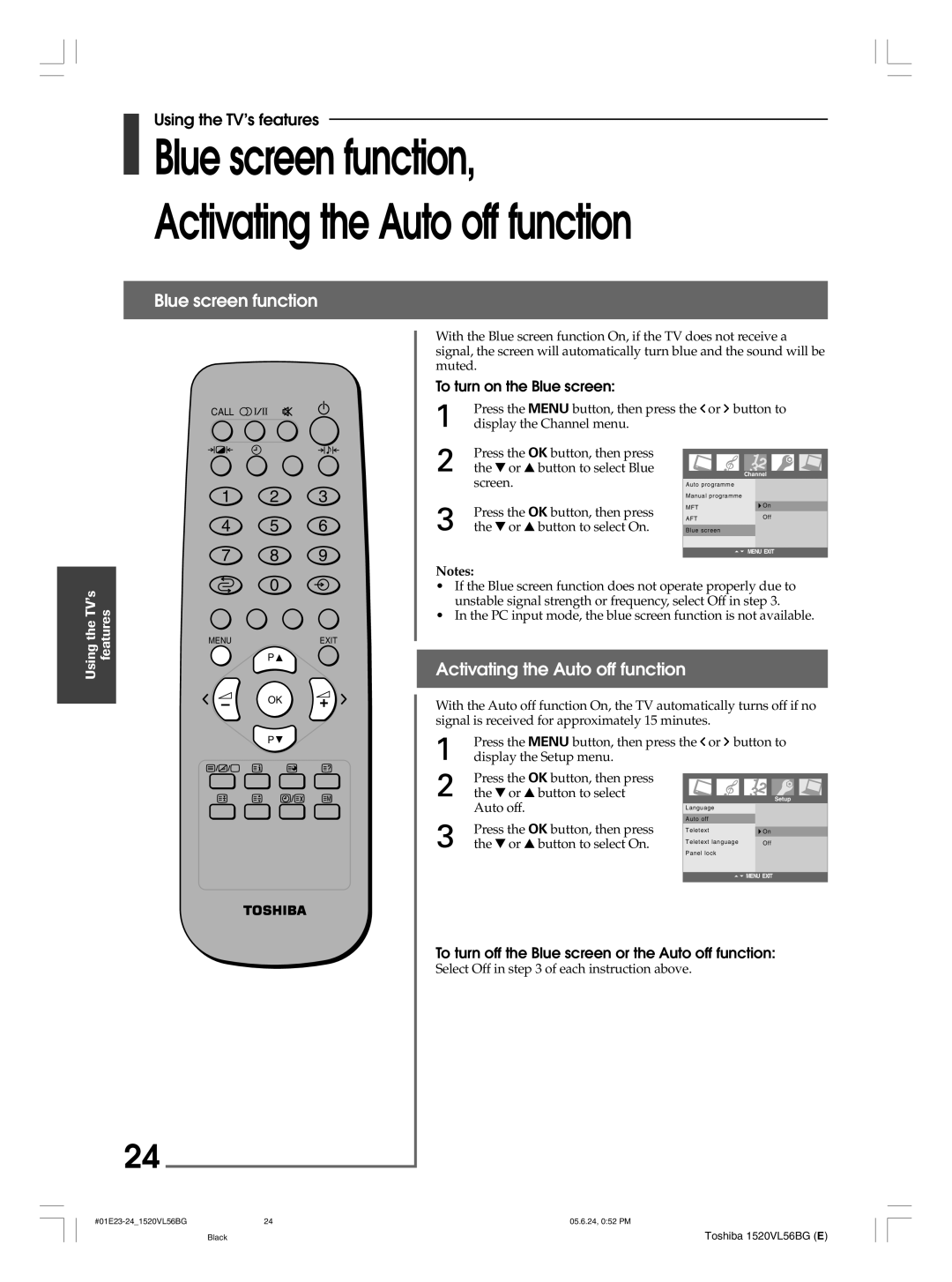 Toshiba 15VL56B, 20VL56B, 20VL56G Blue screen function, Activating the Auto off function, To turn on the Blue screen 