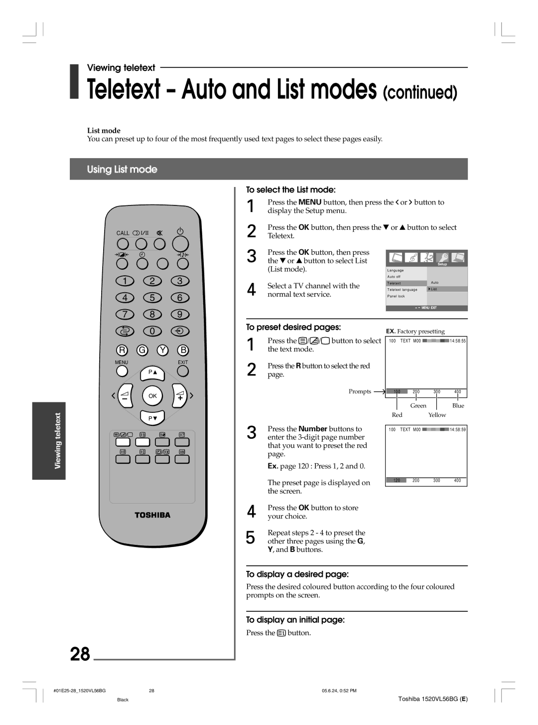 Toshiba 15VL56G, 20VL56B, 20VL56G Using List mode, To select the List mode, To preset desired pages, To display a desired 