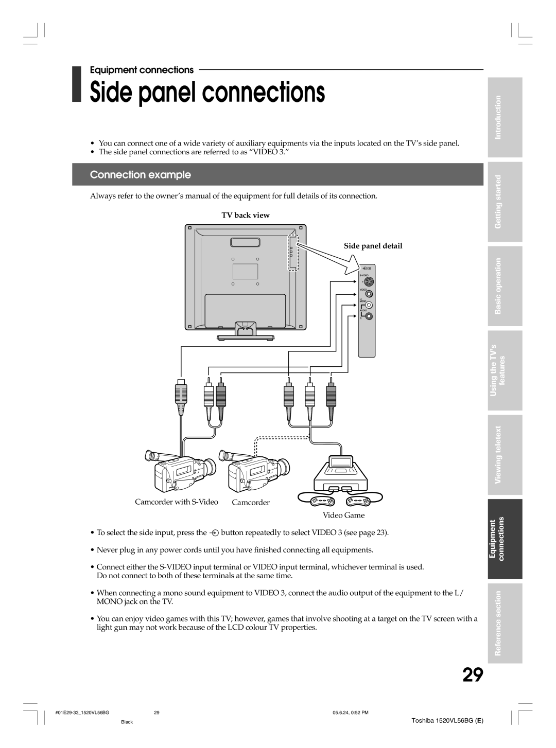 Toshiba 15VL56B, 20VL56B, 20VL56G, 15VL56G Side panel connections, Connection example, TV back view Side panel detail 