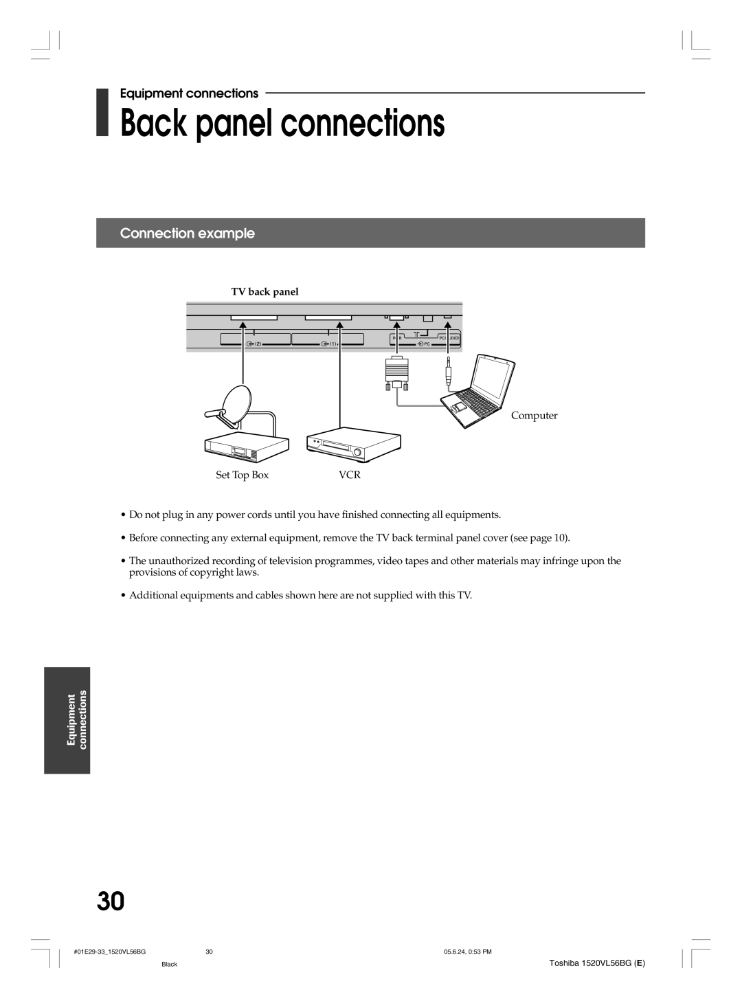 Toshiba 20VL56B, 20VL56G, 15VL56G, 15VL56B owner manual Back panel connections, TV back panel 