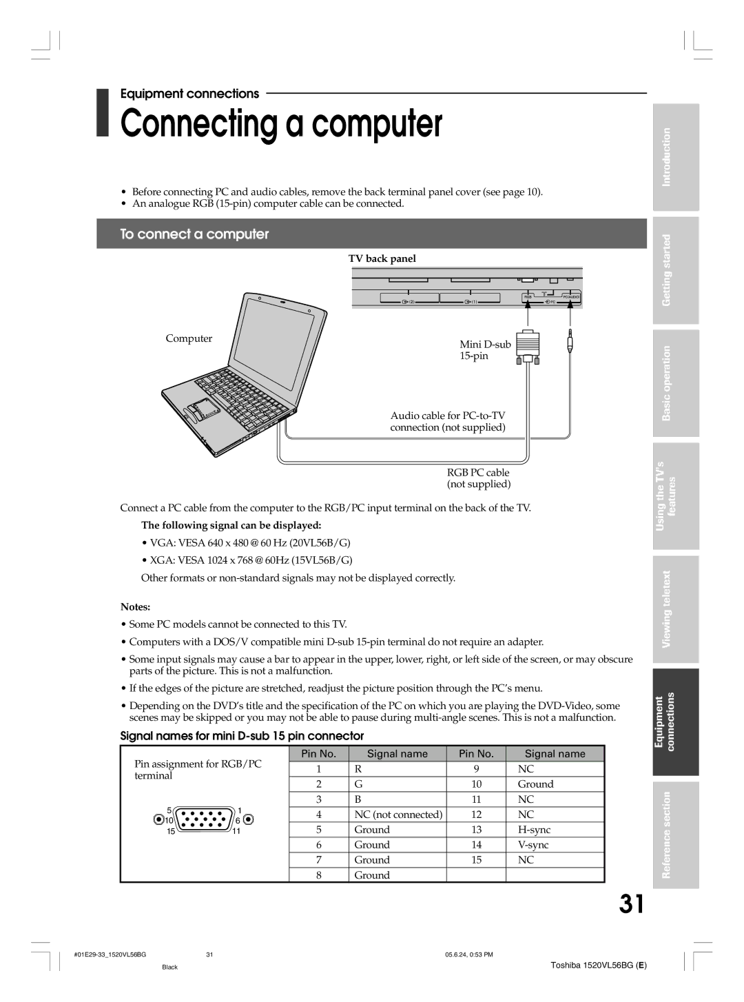 Toshiba 20VL56G, 20VL56B, 15VL56 Connecting a computer, To connect a computer, Signal names for mini D-sub 15 pin connector 