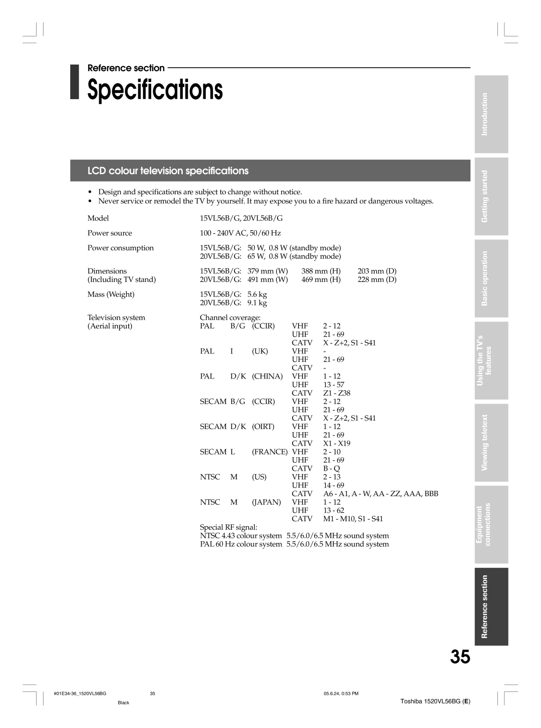 Toshiba 20VL56B, 20VL56G, 15VL56G, 15VL56B owner manual Specifications, LCD colour television specifications 