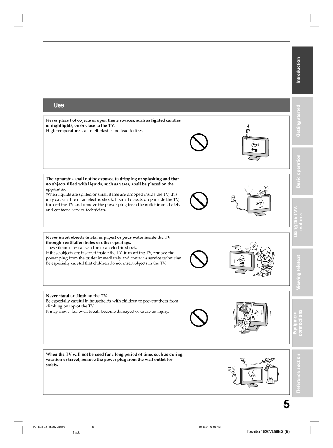 Toshiba 20VL56B, 20VL56G, 15VL56G, 15VL56B owner manual Use, Never stand or climb on the TV 