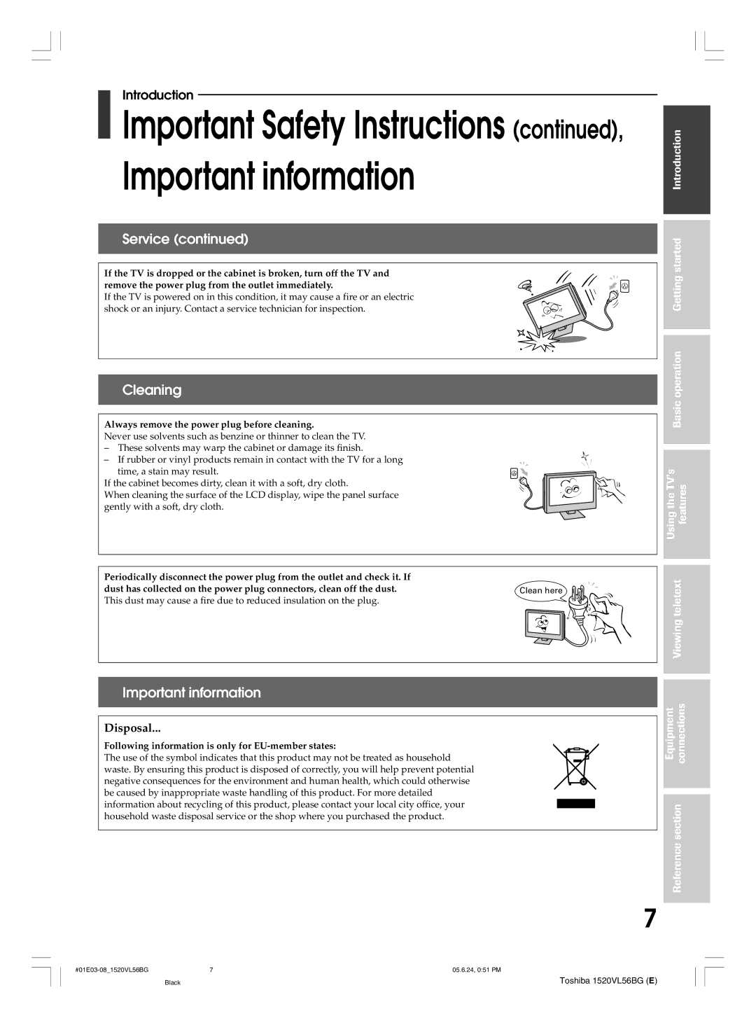 Toshiba 20VL56B, 20VL56G, 15VL56G, 15VL56B owner manual Important Safety Instructions , Important information, Cleaning 