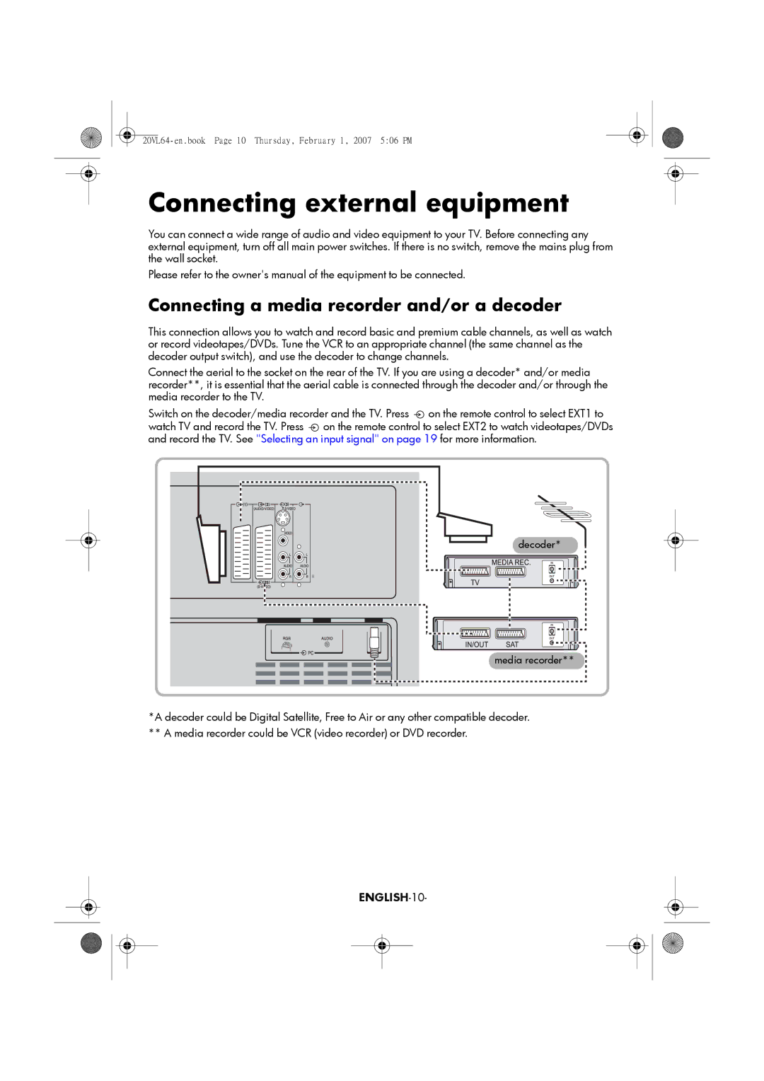 Toshiba 20VL64, 15VL64 manual Connecting external equipment, Connecting a media recorder and/or a decoder, ENGLISH-10 