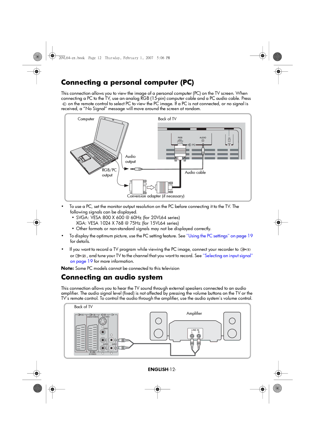 Toshiba 20VL64, 15VL64 manual Connecting a personal computer PC, Connecting an audio system, ENGLISH-12 