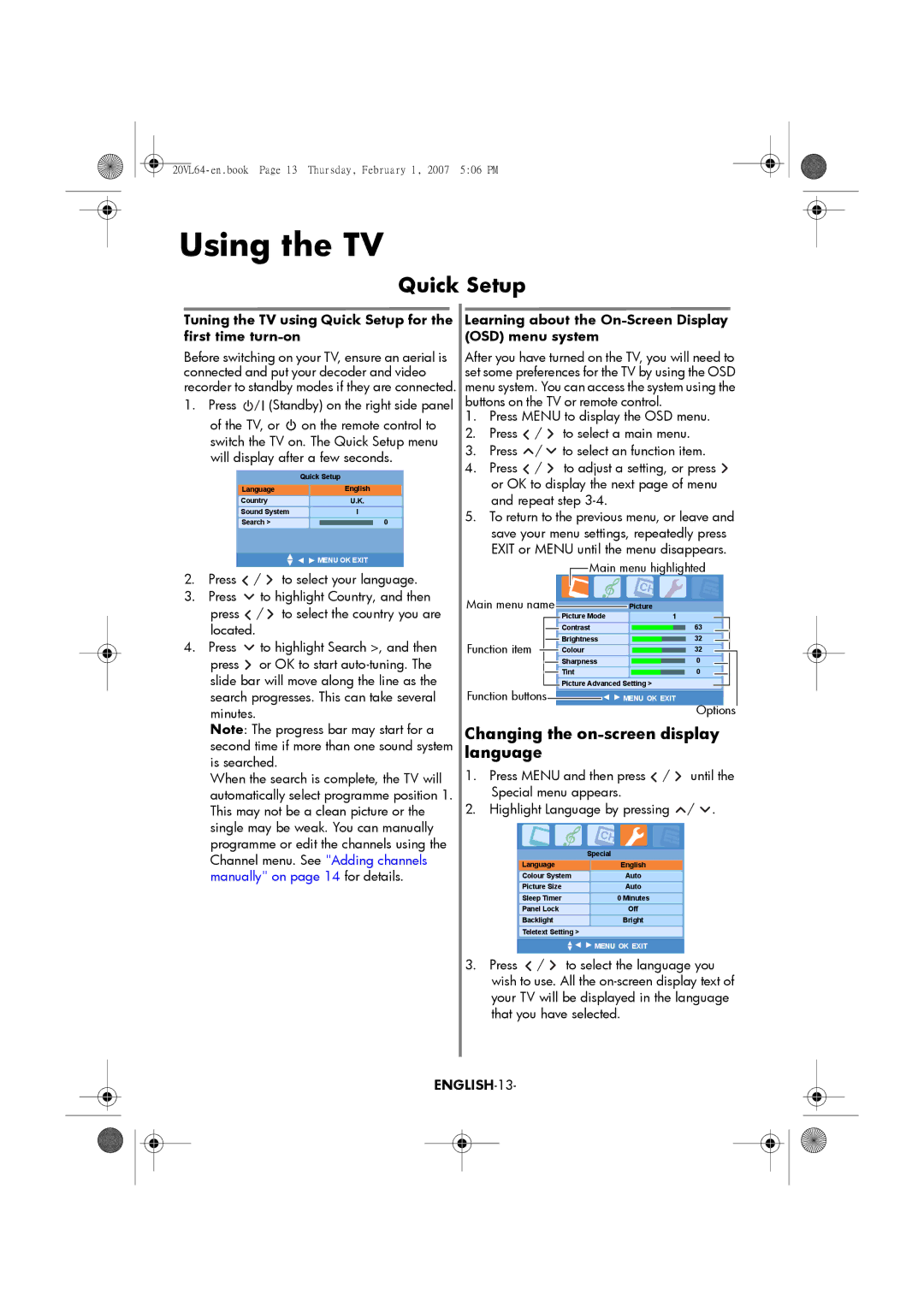 Toshiba 15VL64, 20VL64 manual Using the TV, Quick Setup, ENGLISH-13 