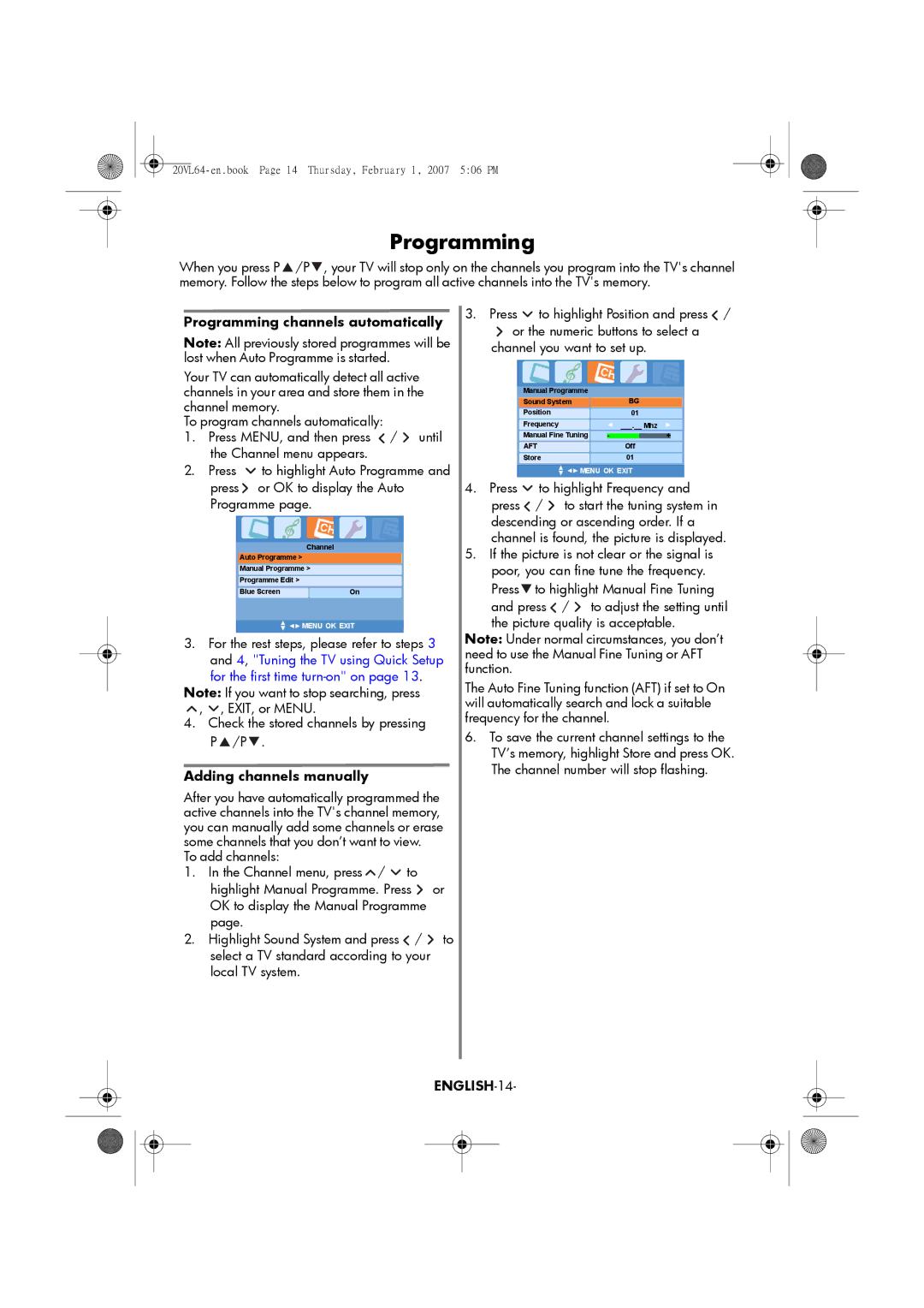 Toshiba 20VL64, 15VL64 Programming channels automatically, Adding channels manually, ENGLISH-14 