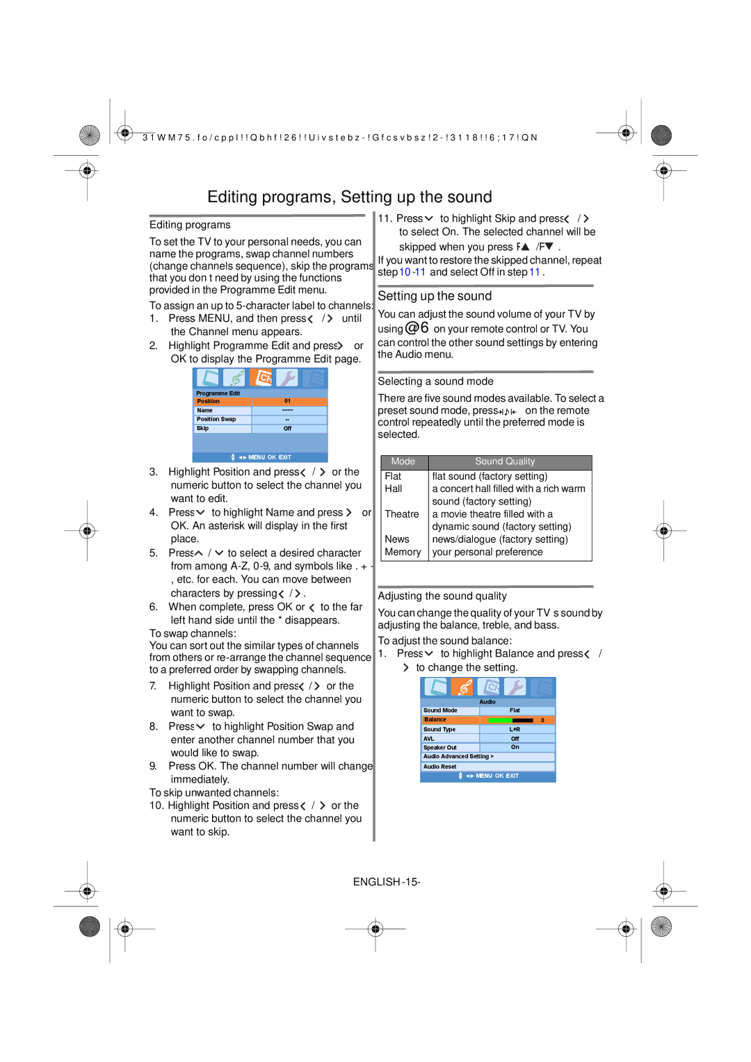 Toshiba 15VL64 Editing programs, Setting up the sound, Selecting a sound mode, Adjusting the sound quality, ENGLISH-15 