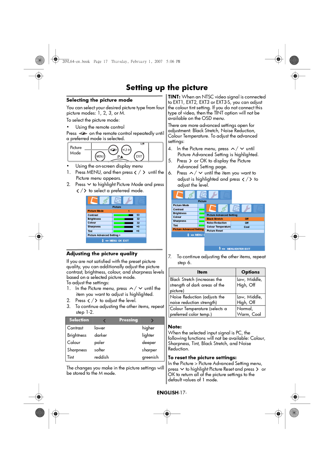 Toshiba 15VL64, 20VL64 manual Setting up the picture, ENGLISH-17 