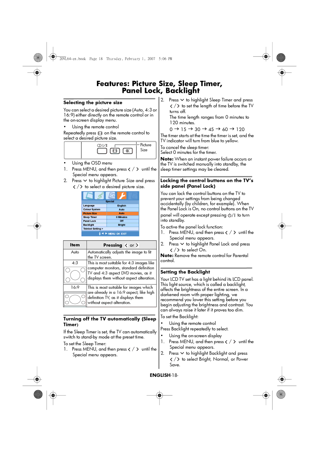 Toshiba 20VL64, 15VL64 manual Features Picture Size, Sleep Timer, Panel Lock, Backlight, ENGLISH-18 