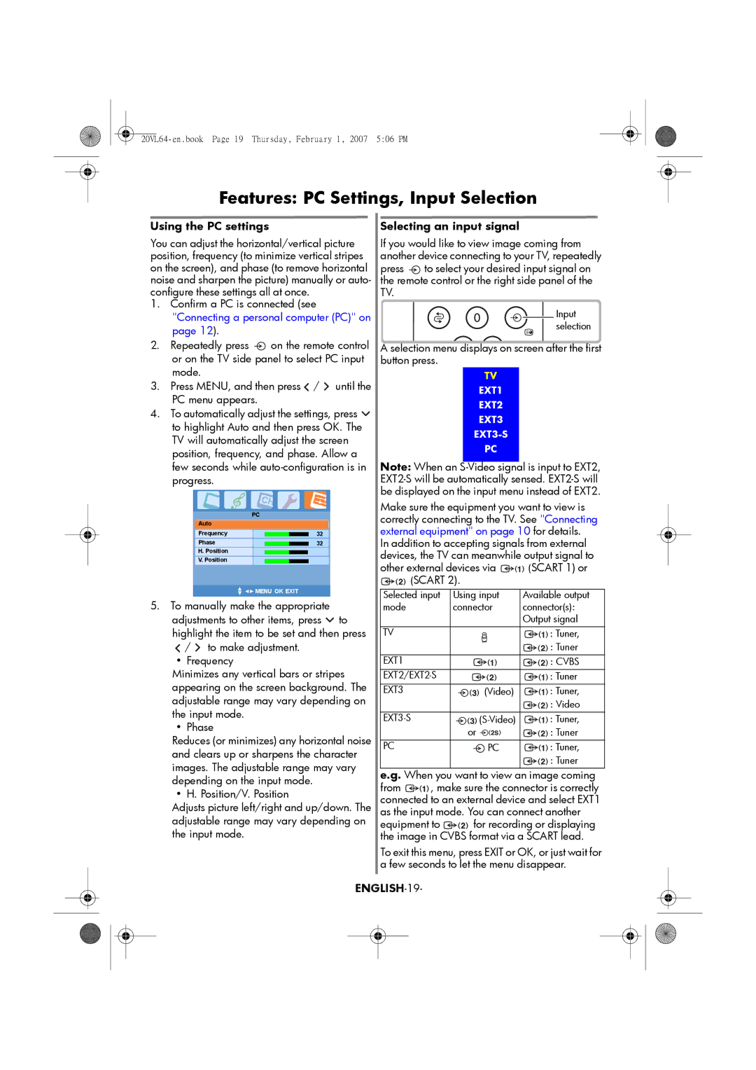 Toshiba 15VL64, 20VL64 Features PC Settings, Input Selection, Using the PC settings, Selecting an input signal, ENGLISH-19 