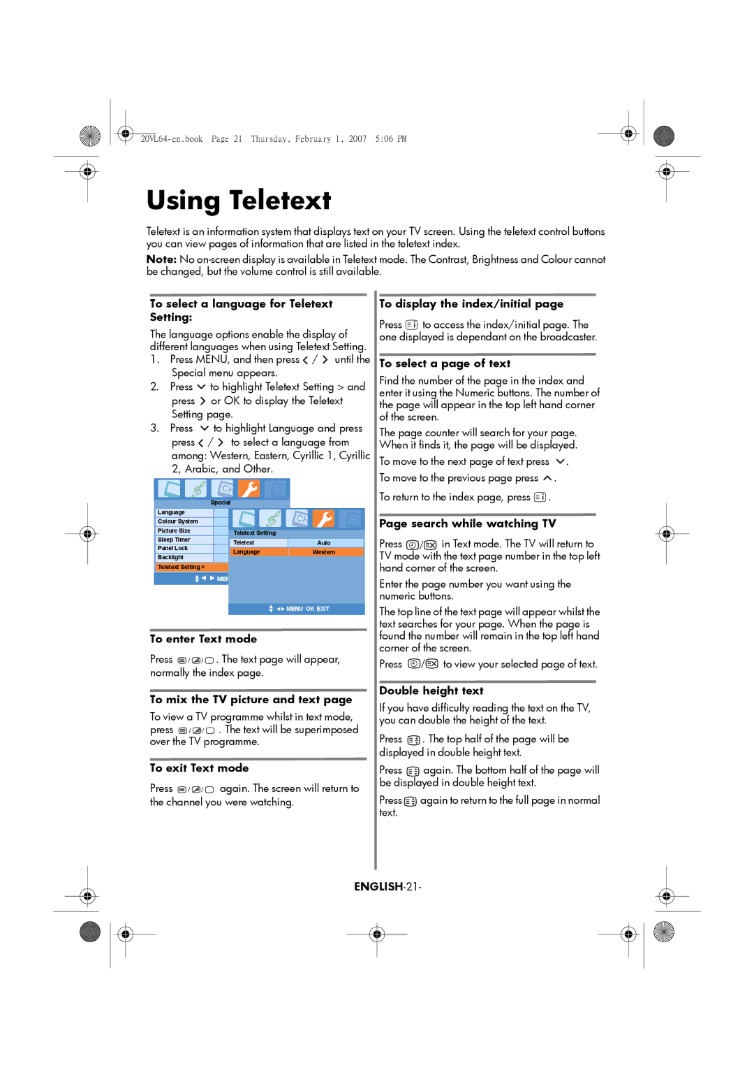 Toshiba 15VL64, 20VL64 manual Using Teletext, ENGLISH-21 