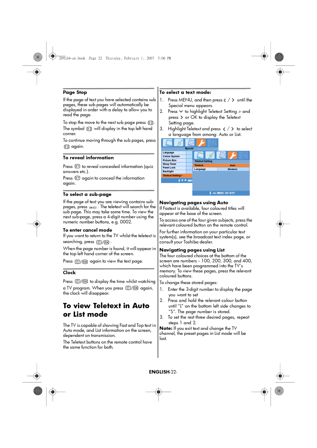 Toshiba 20VL64, 15VL64 manual To view Teletext in Auto or List mode, ENGLISH-22 